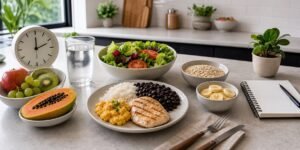 Janela alimentar jejum intermitente com refeições equilibradas, água, café e planejamento alimentar simples.
