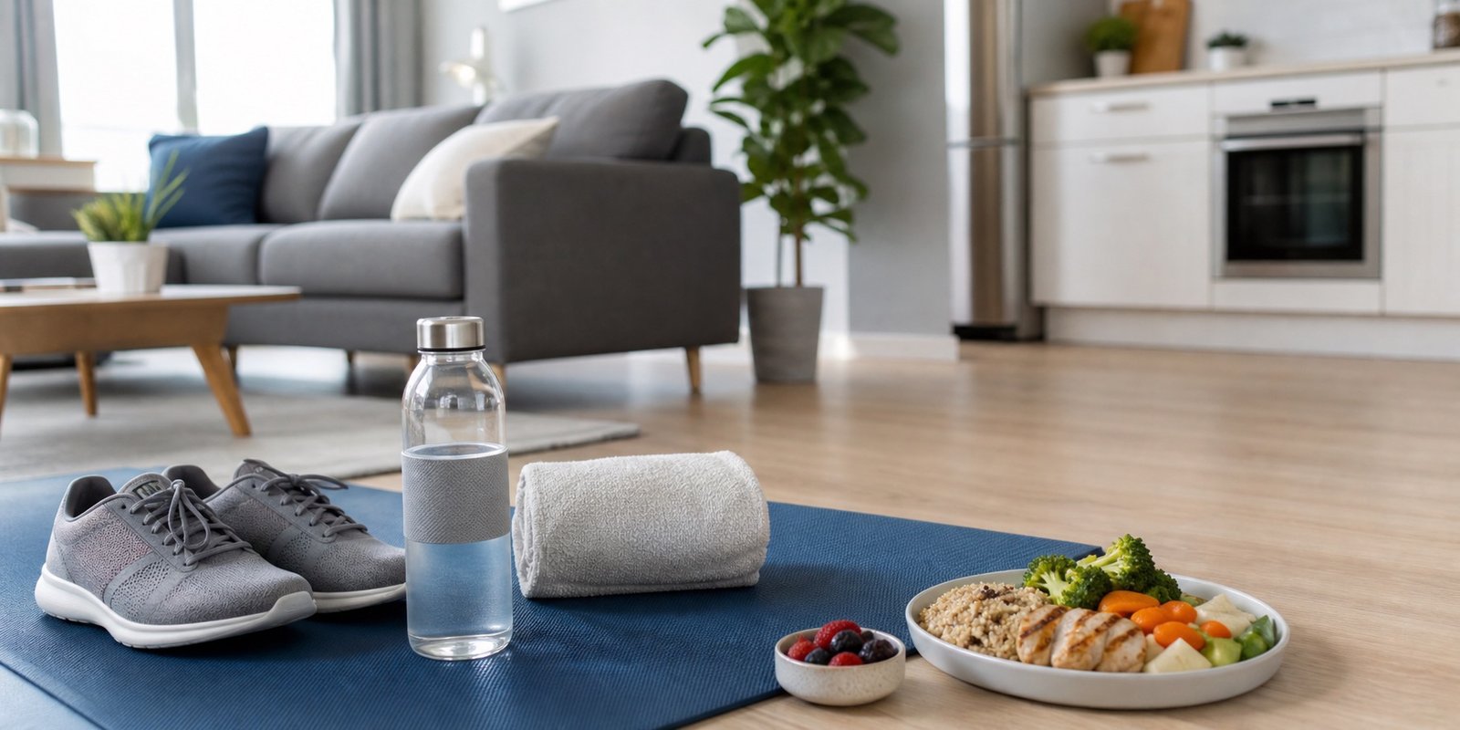 Cena de treino em casa com água e refeição planejada para adaptar jejum de 16 horas, exercício e hidratação.