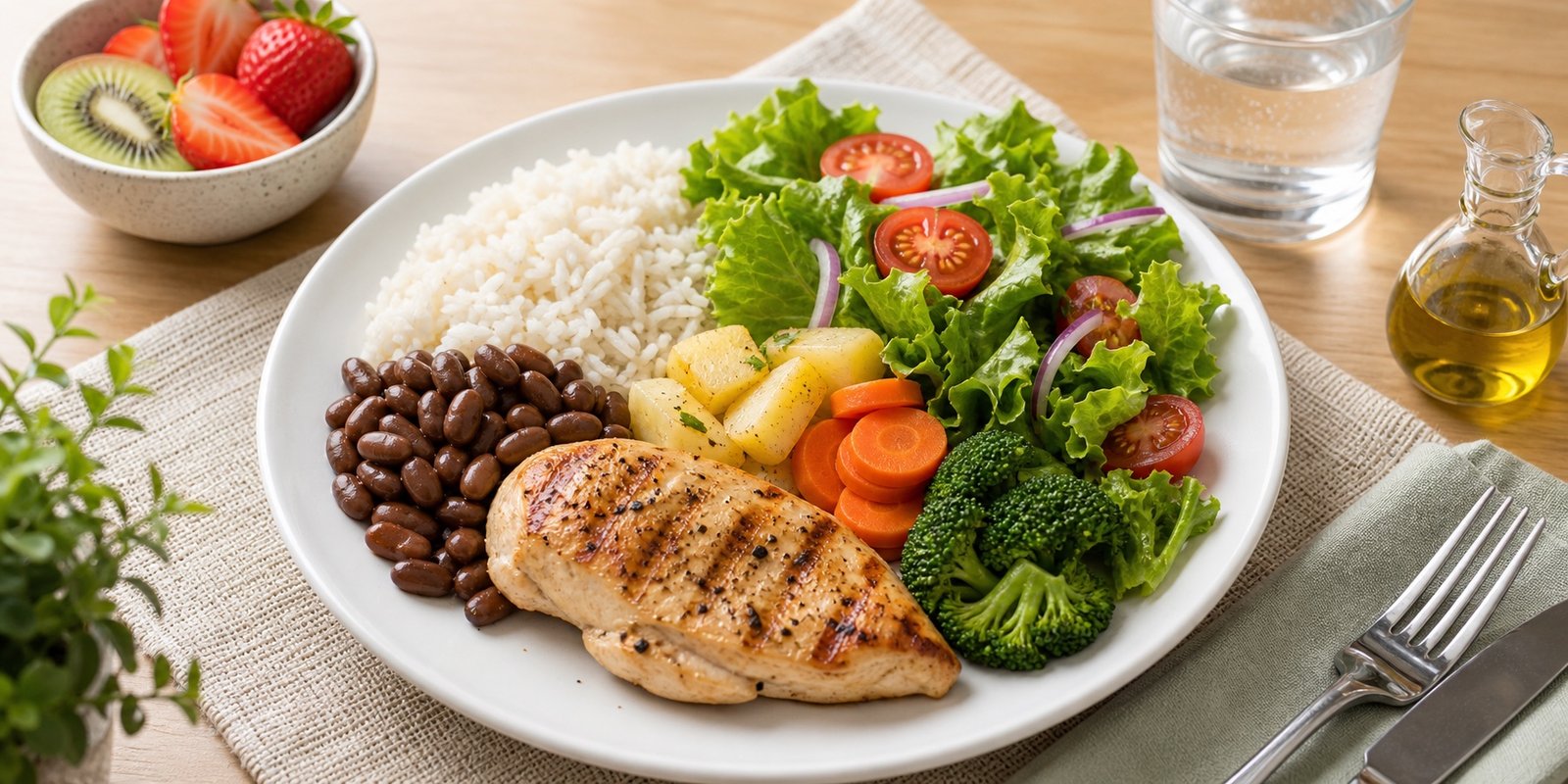 Prato equilibrado para a janela alimentar do com proteína vegetais e carboidrato