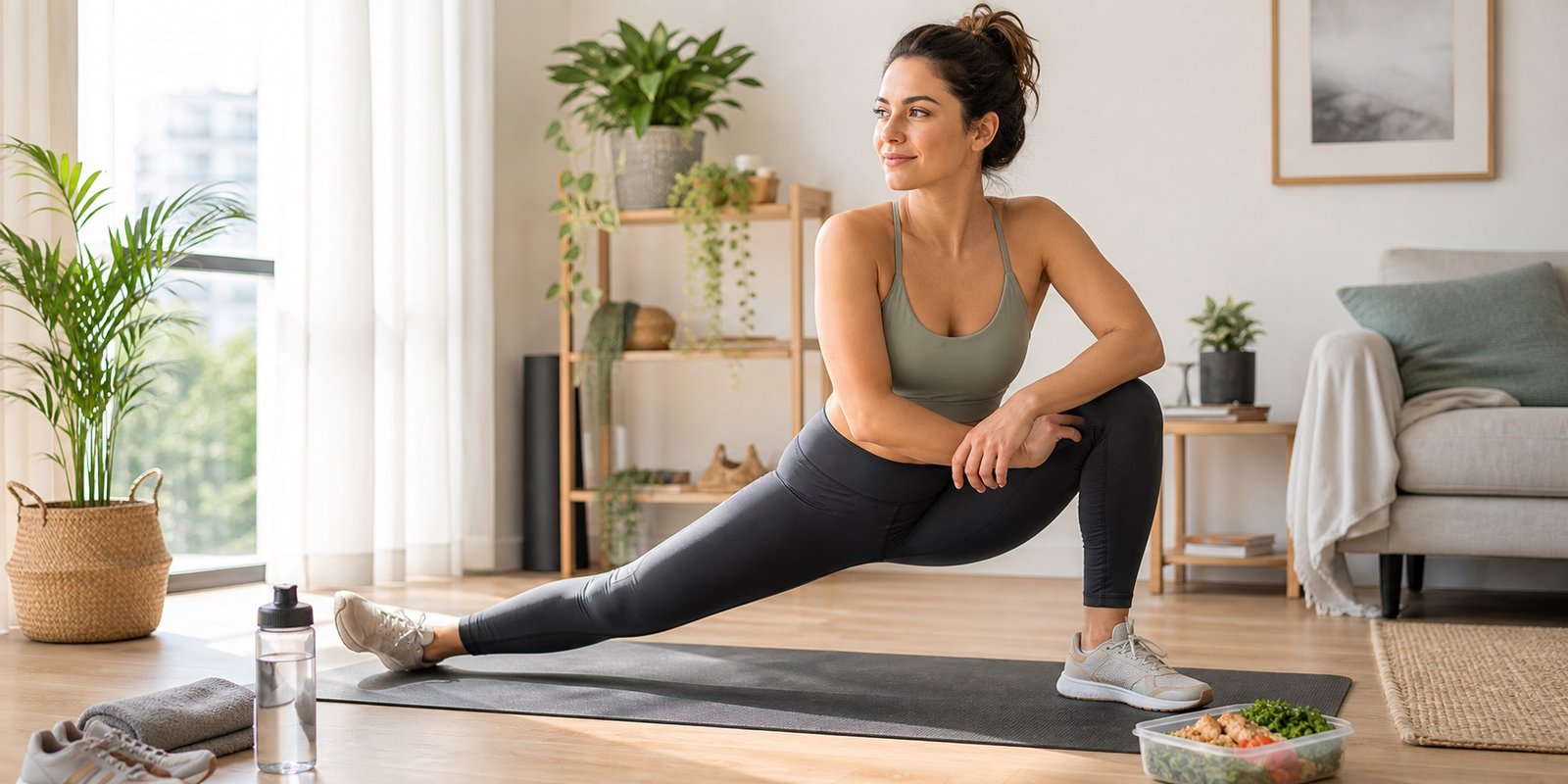 Treino leve em casa com água e refeição planejada para adaptar à rotina fitness