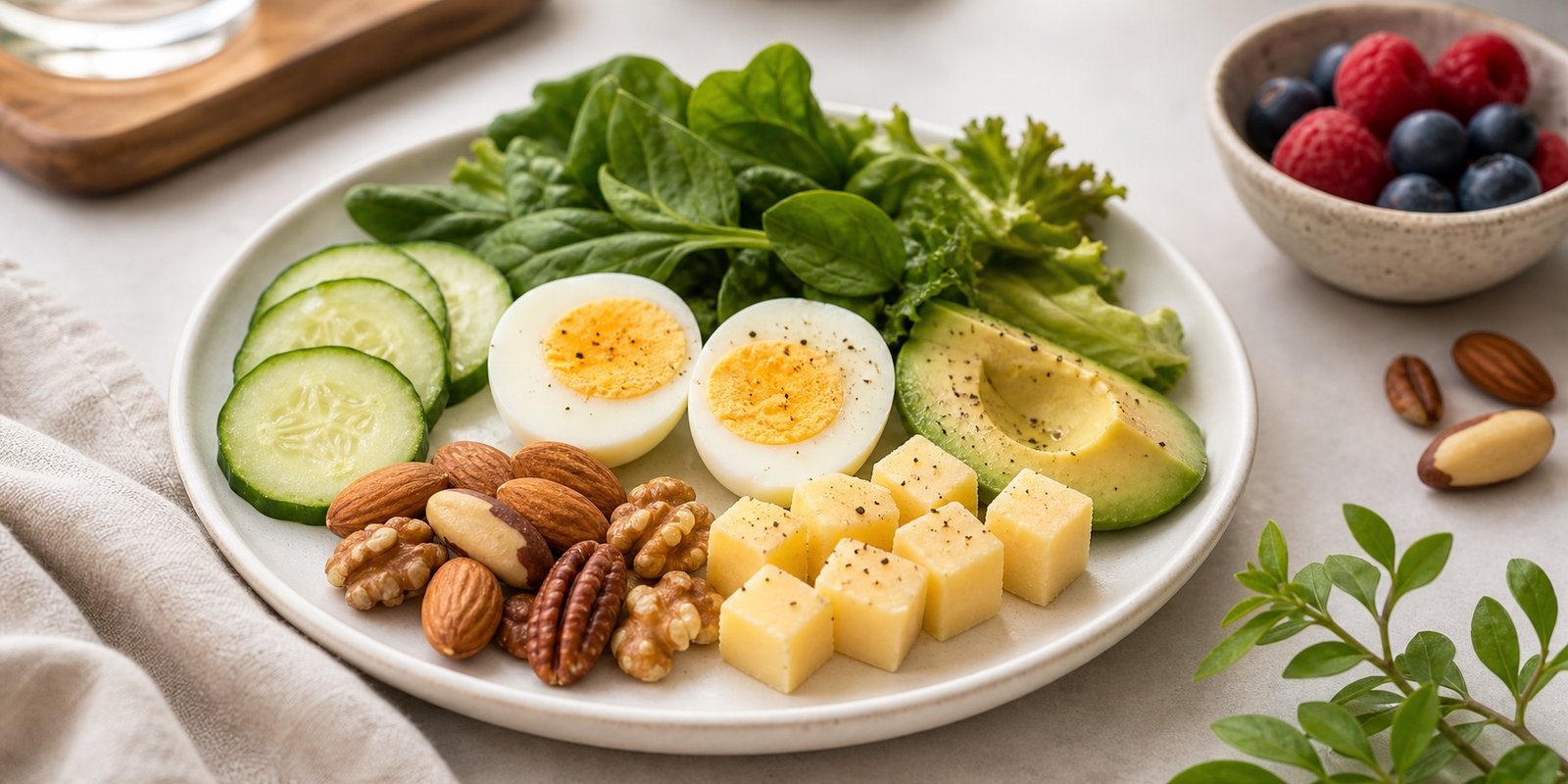 Lanche cetogênico com porção medida de castanhas, ovo, queijo, abacate, pepino e folhas.