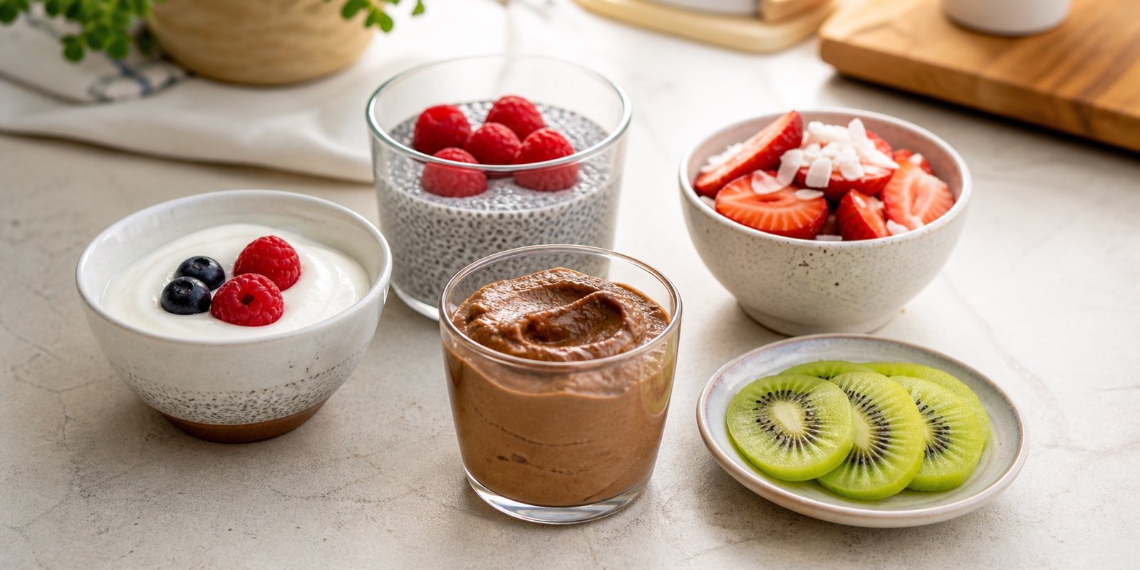 Lanches fit com frutas low carb, iogurte, chia, kiwi e creme de abacate em porções pequenas.