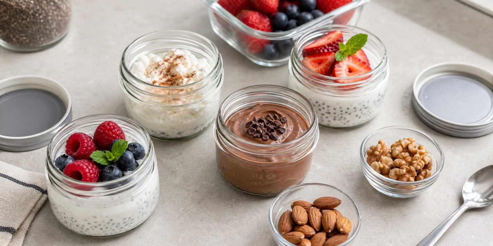 Potes frios de iogurte natural, chia, frutas vermelhas e cacau para lanche doce low carb.