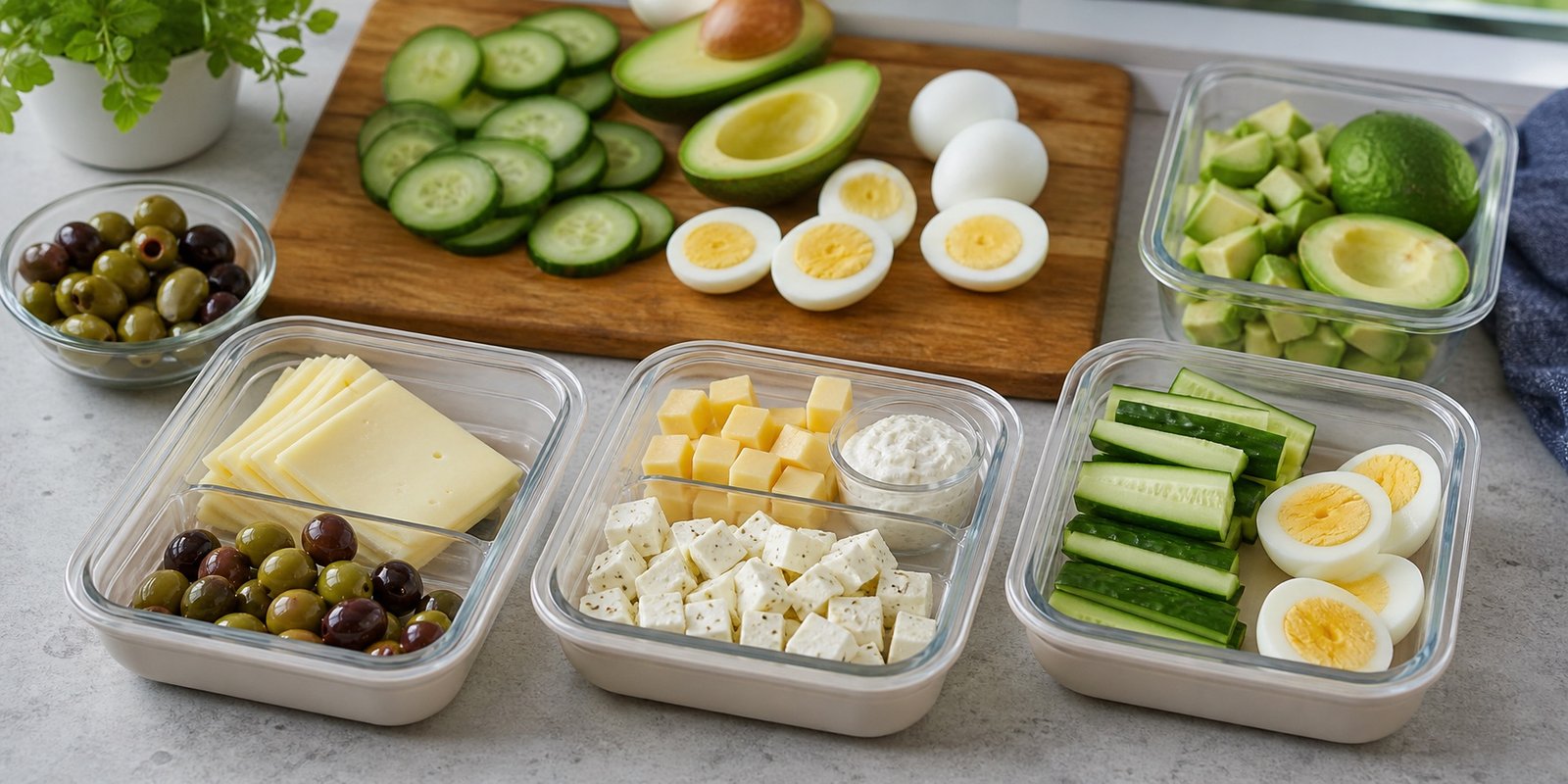 Lanches keto com queijo, ovos, azeitonas, pepino e abacate organizados em potes.