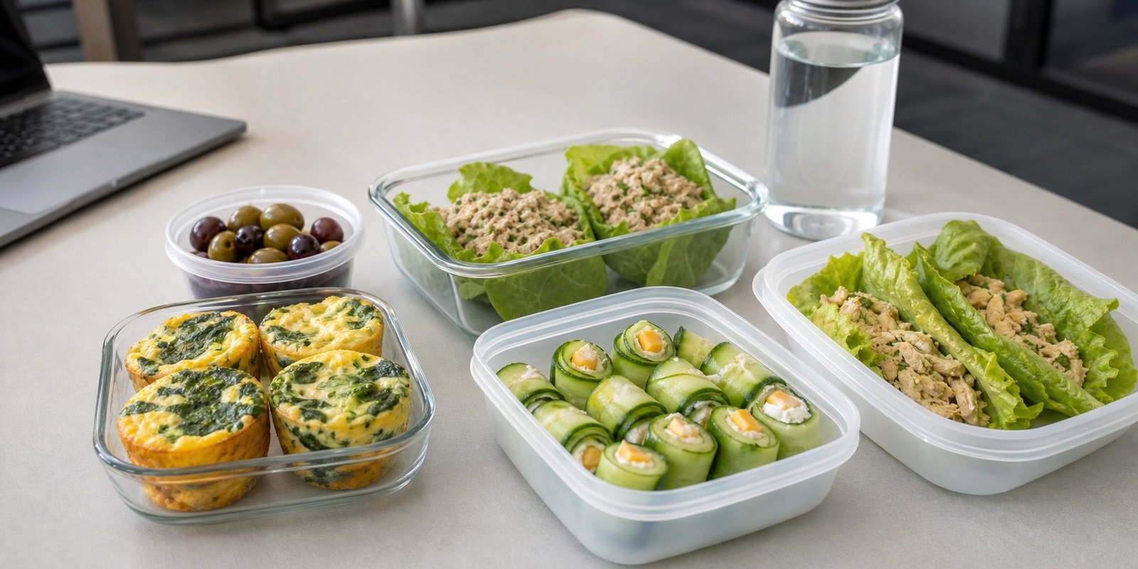 Muffins de ovo, wraps de alface e vegetais em potes para lanche salgado no trabalho.