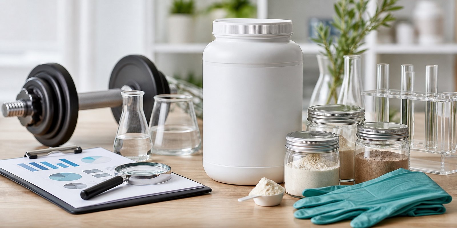 Whey sem marca com amostras de pó, gráficos abstratos e itens de controle de qualidade.