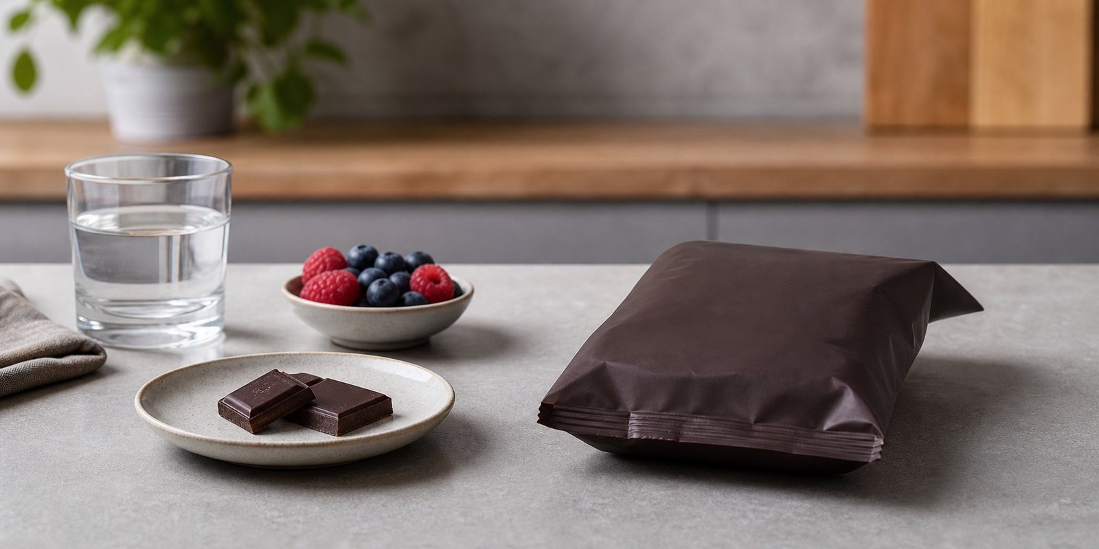 Poucos quadrados de chocolate amargo separados ao lado de água, frutas vermelhas e pote fechado.