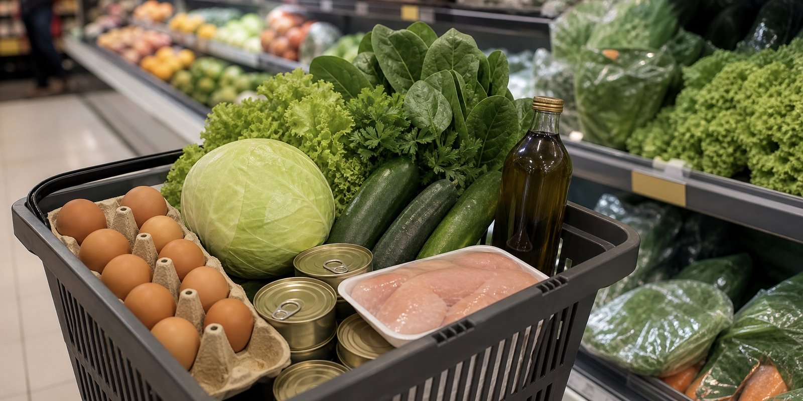 Carrinho de mercado com lista visual de compras para dieta cetogênica barata, incluindo ovos, verduras, repolho, frango, sardinha e azeite.