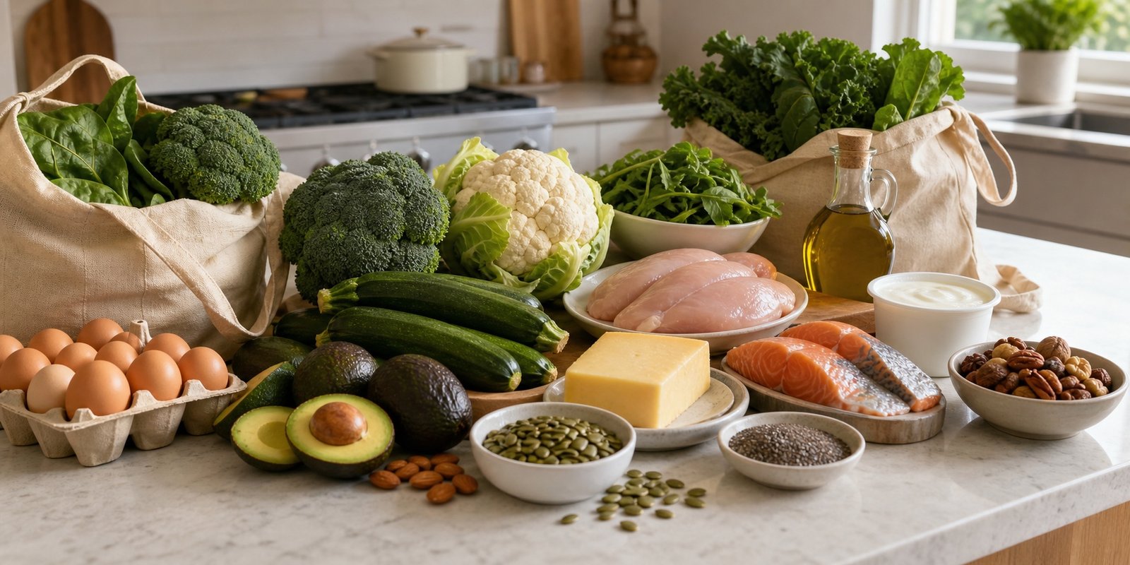Lista visual de compras cetogênicas com ovos, verduras, abacate, azeite, frango, peixe, castanhas e sementes.