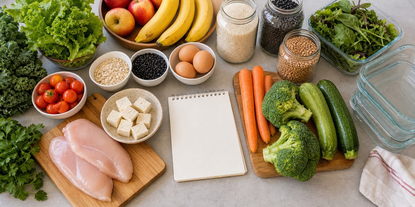 Ingredientes para lista de compras semanal com arroz, feijão, ovos, frango, legumes e frutas.