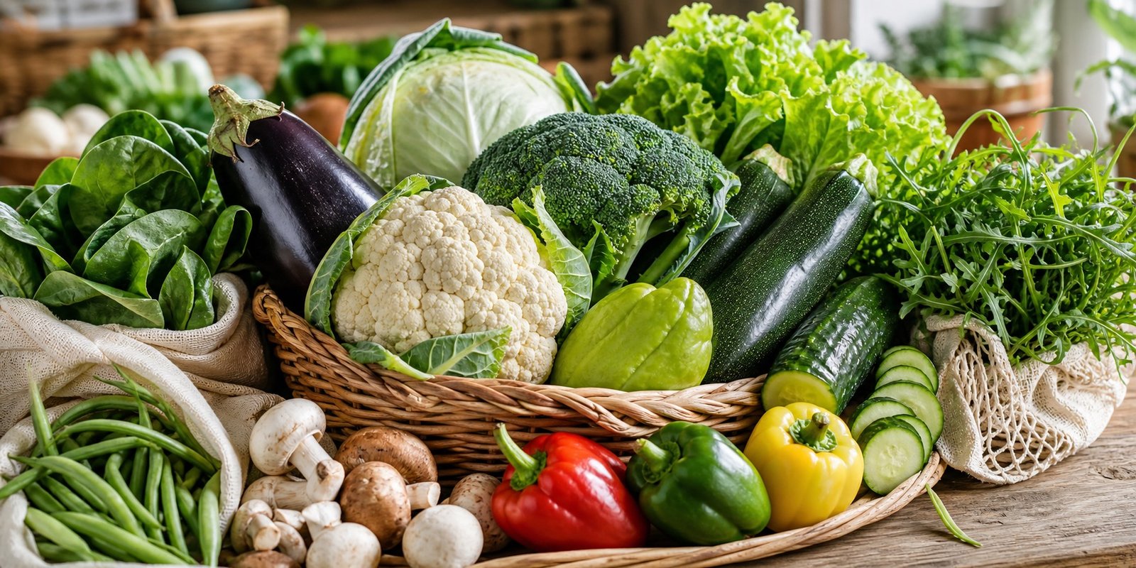 Lista visual de legumes com baixo carboidrato com abobrinha, pepino, folhas e brócolis.