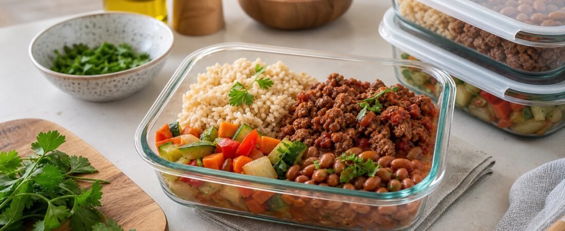 Marmita Fitness com Arroz Integral e Carne Moída