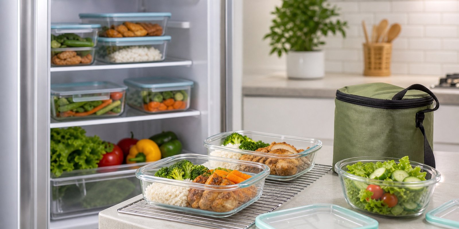 Marmitas fitness em potes de vidro e na geladeira para armazenamento seguro, validade adequada e transporte prático.
