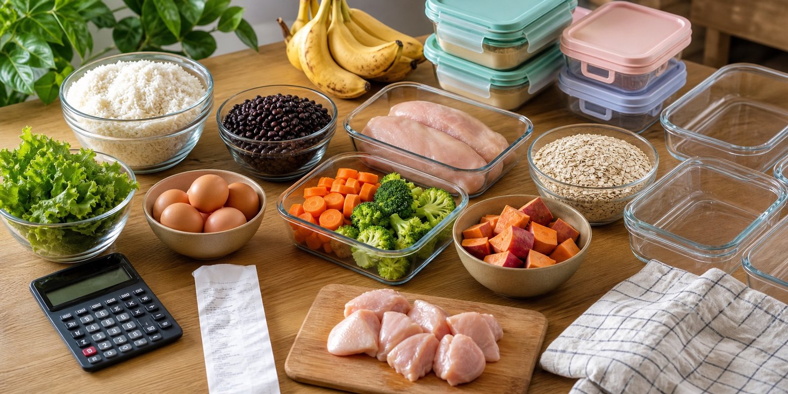 Ingredientes simples e econômicos para preparar marmita fitness semanal com arroz, feijão, ovos, frango, vegetais e frutas.