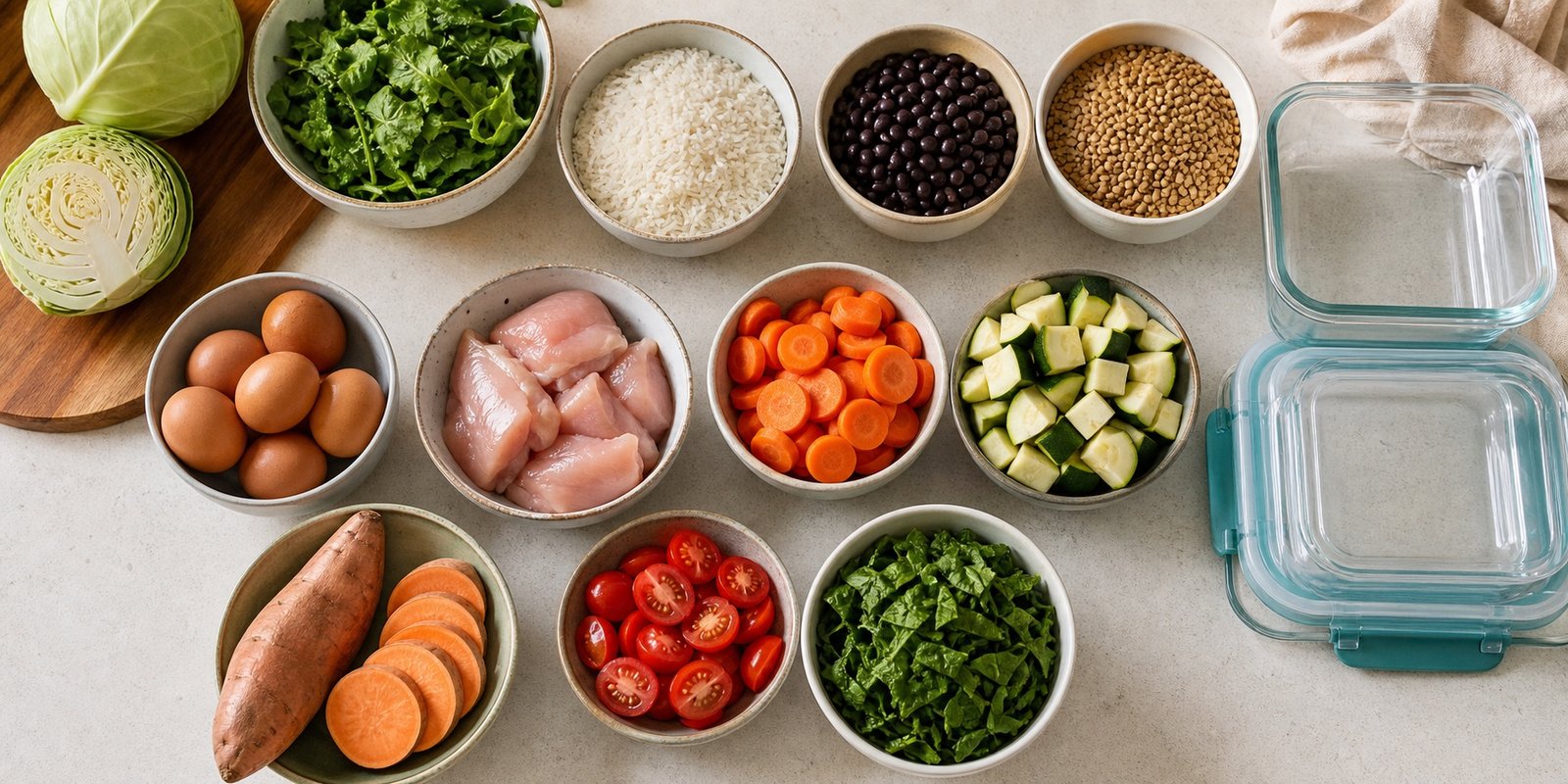 Ingredientes baratos para marmita fitness com arroz, feijão, lentilha, ovos, frango, legumes e folhas.