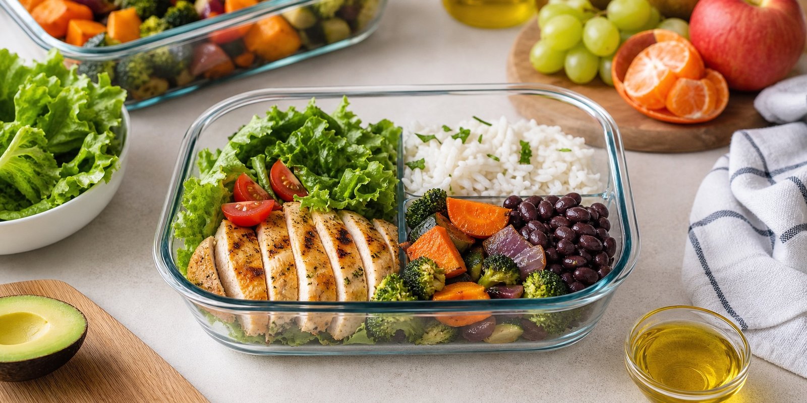 Marmita fitness equilibrada com proteína magra, arroz, feijão, vegetais, salada e fruta em porções organizadas.