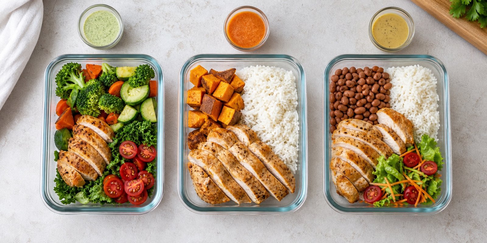 Marmitas fitness com frango ajustadas para emagrecimento, treino e manutenção com porções diferentes.