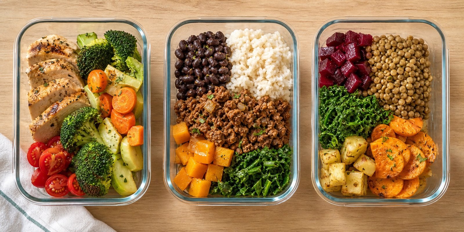 Marmitas fitness para emagrecimento, treino e opção vegetariana com alimentos baratos e porções variadas.