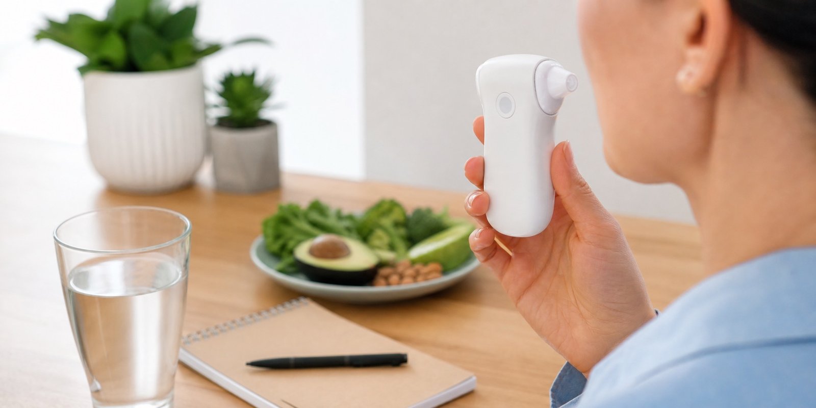 Pessoa usando medidor de hálito para cetose em casa com água, caderno e alimentos low carb ao fundo