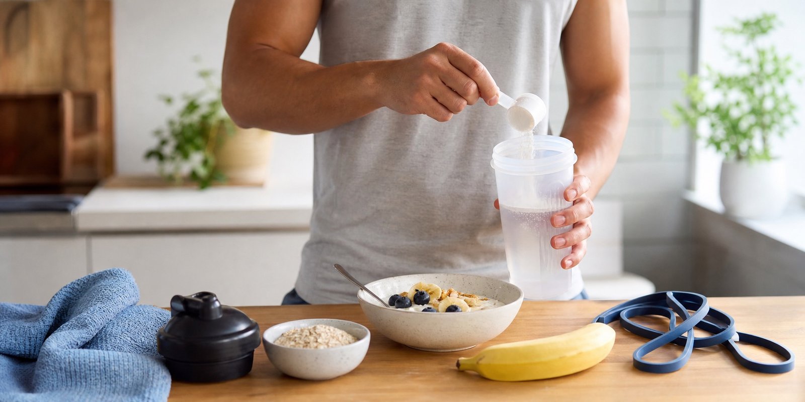 Pessoa misturando creatina em shaker no pós-treino com alimentos simples, mostrando o melhor horário para tomar creatina na rotina.