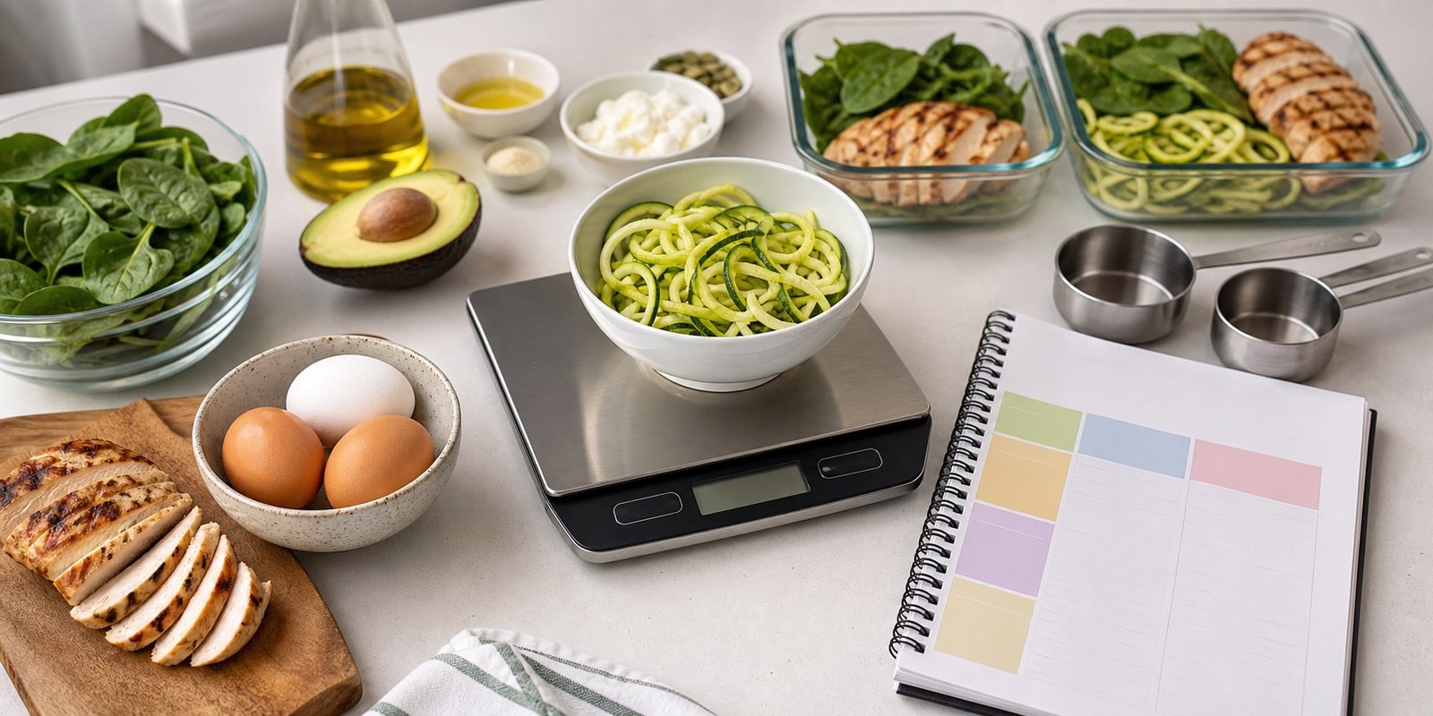 Planejamento de gramas de carboidratos keto com balança, legumes, ovos e preparo de refeições.