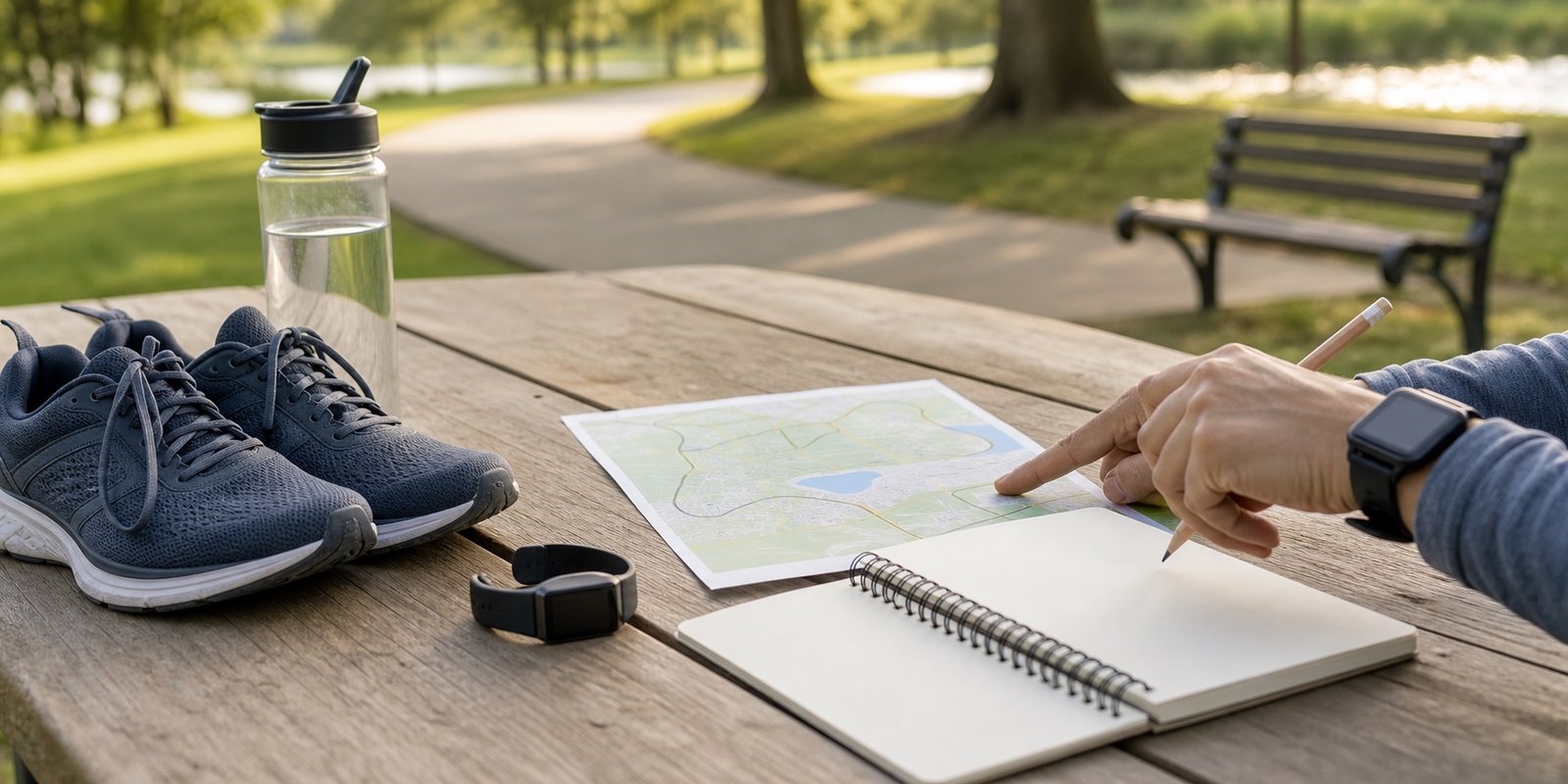 Tênis, água, relógio e mapa em branco usados para planejar uma sessão de cardio ao ar livre.