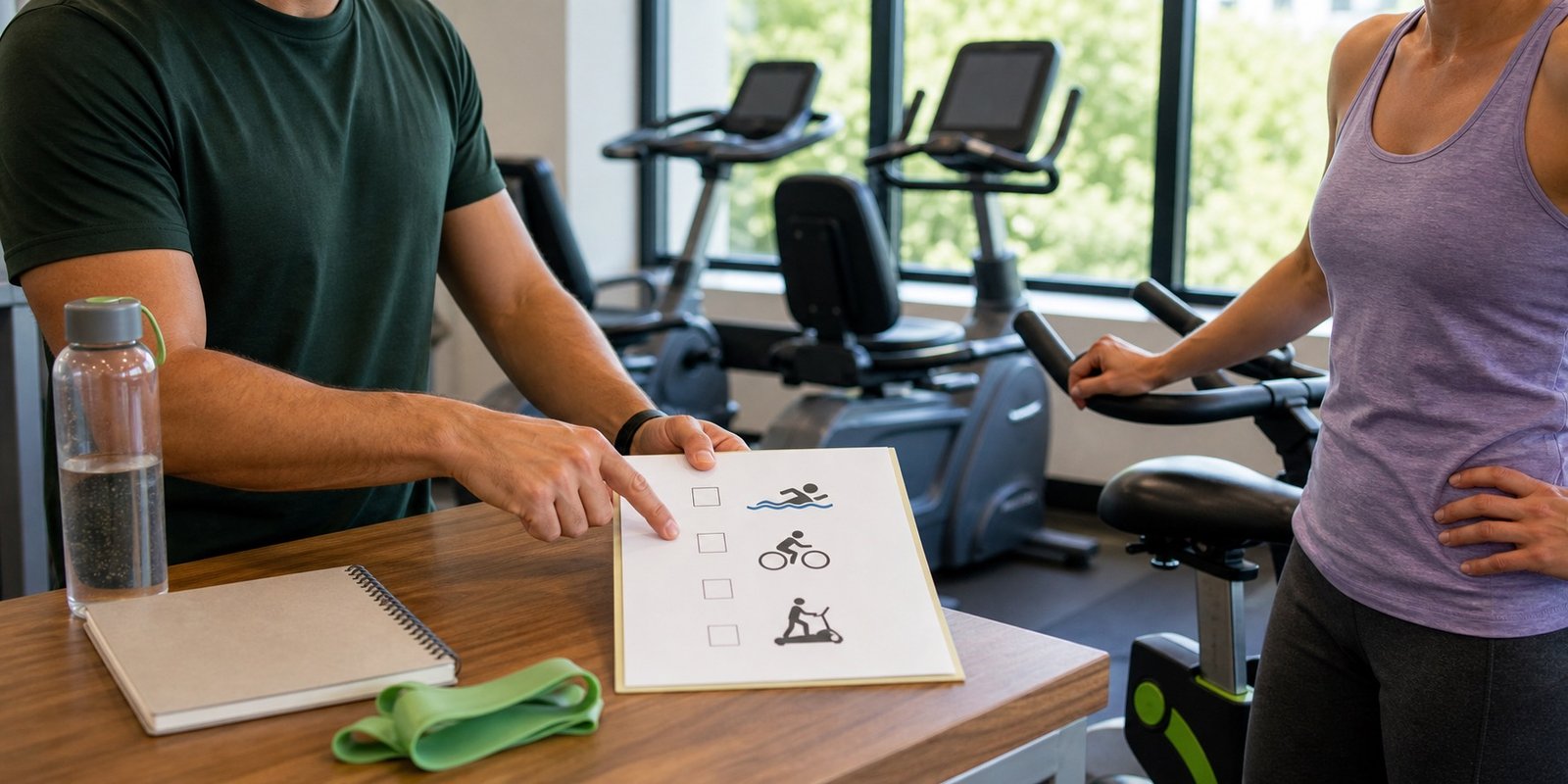 Instrutor organiza opções de cardio para dor no joelho em checklist visual sem texto.