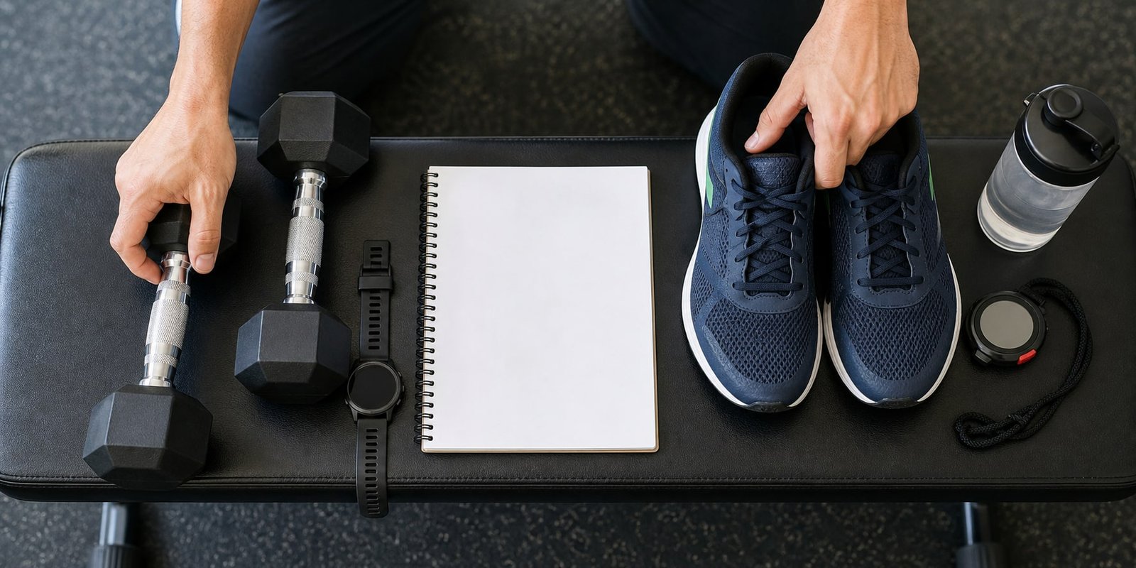 Dumbbells, tênis e planner sem texto para organizar cardio e musculação na mesma sessão.