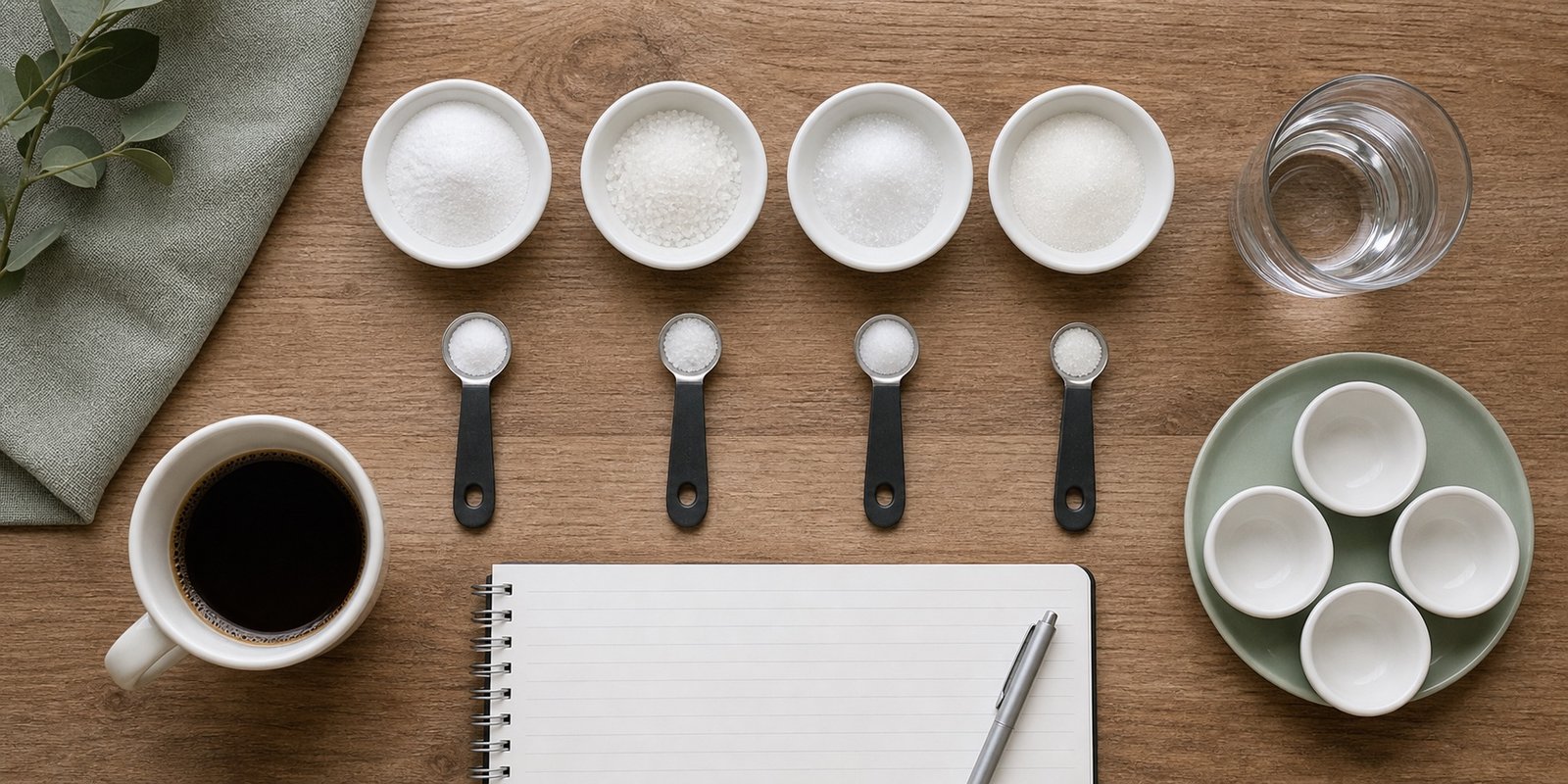 Adoçantes low carb em bowls com colheres medidoras, café sem açúcar e caderno para comparar rótulos.