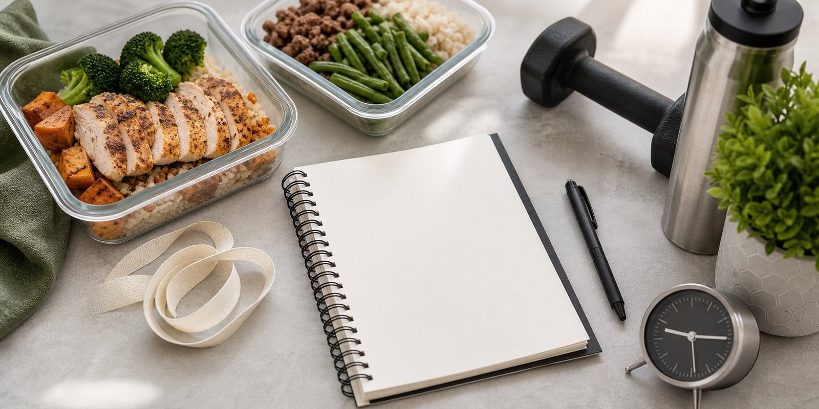 Mesa com alimentos proteicos, água, relógio e equipamentos para planejar jejum intermitente e massa muscular.