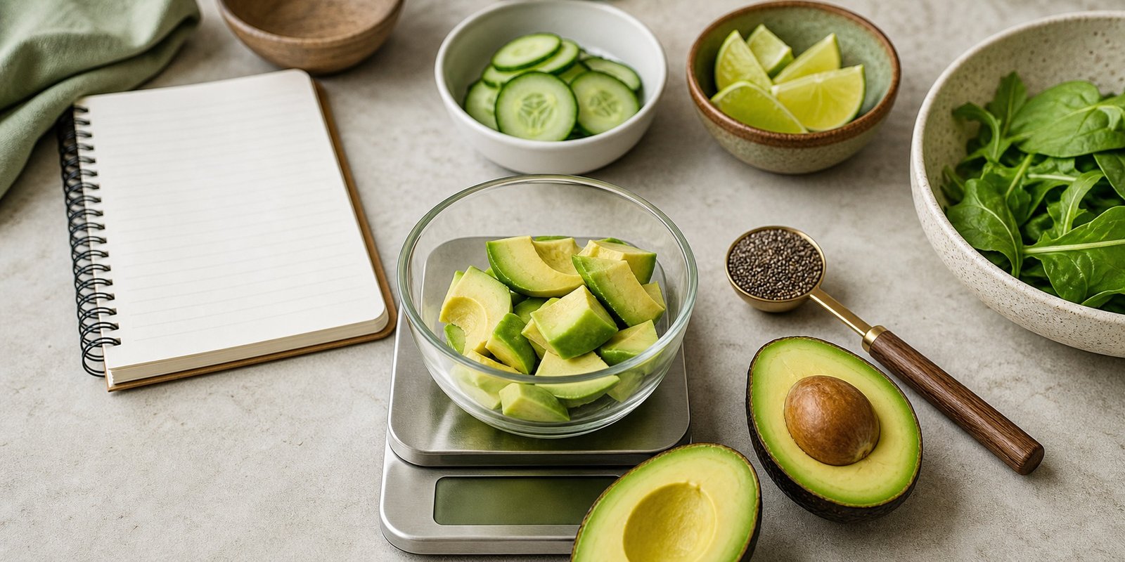 Porção de abacate sobre balança com vegetais baixos em carboidratos para comparar dados nutricionais.