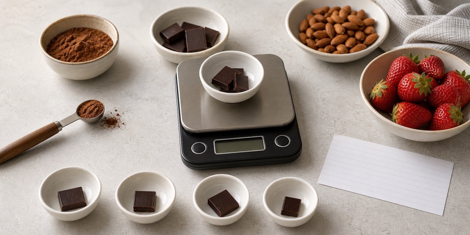 Balança, cacau e pedaços de chocolate para comparar porção real em uma rotina low carb.