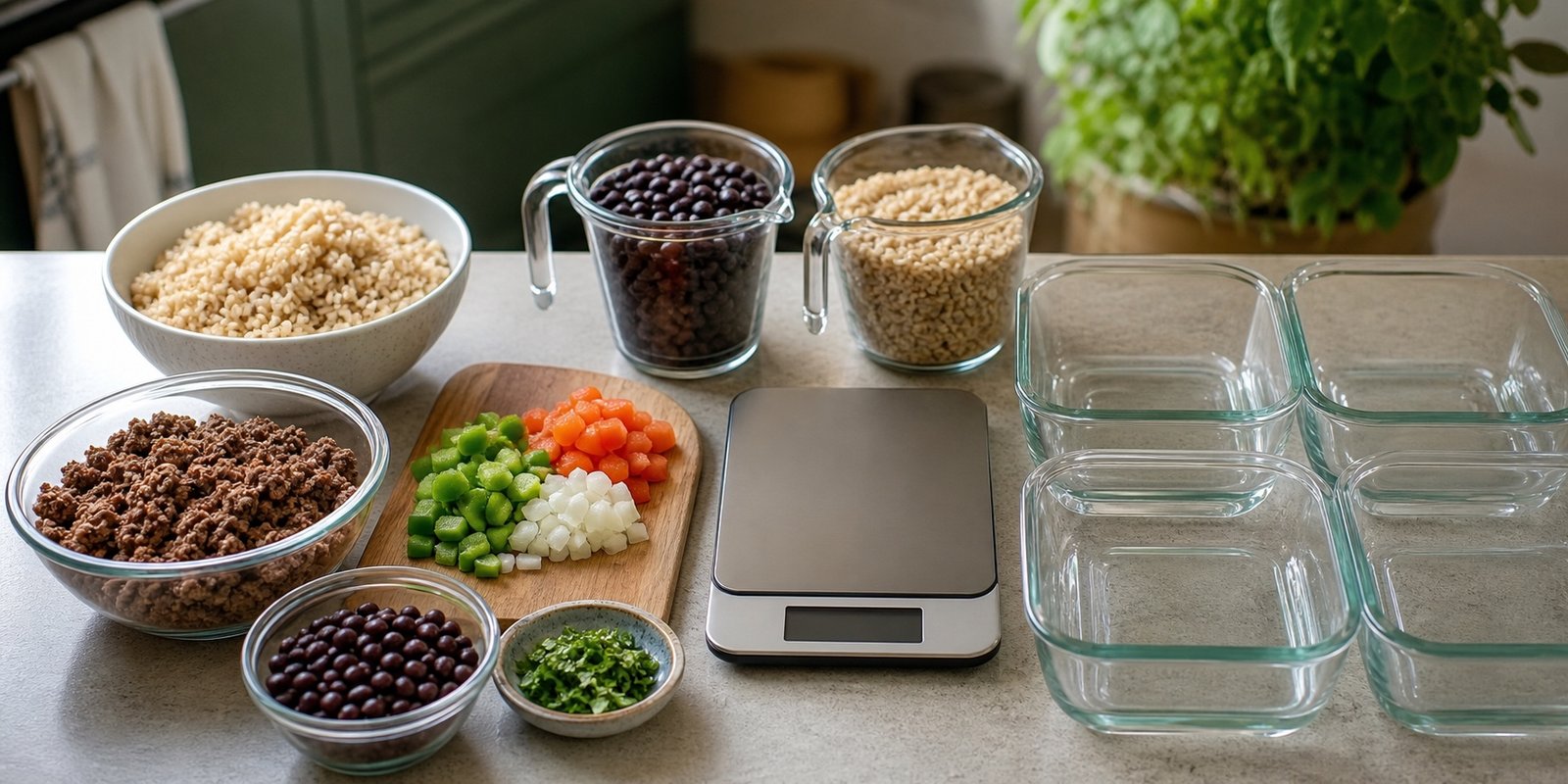 Ingredientes cozidos e potes separados para calcular porções da marmita fitness com arroz integral.