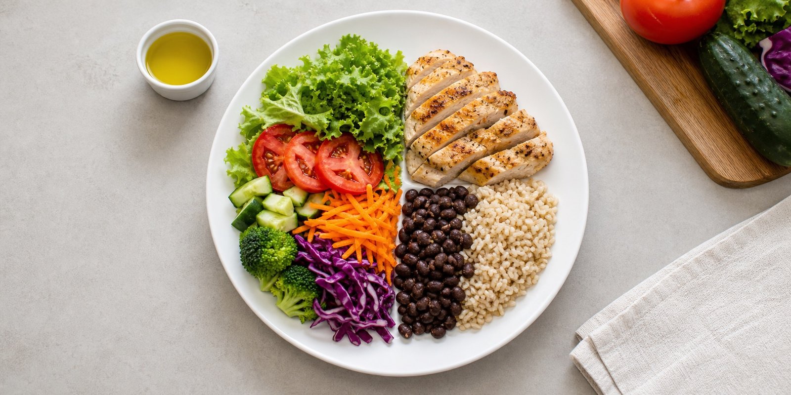 Prato dividido em vegetais, proteína e carboidrato para aplicar o método do prato saudável.