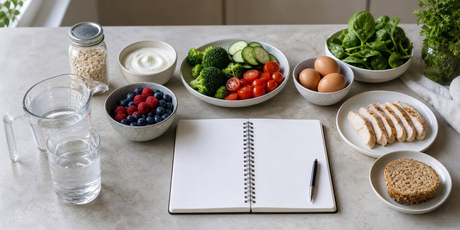 Mesa com alimentos simples e caderno para diferenciar fome, desejo por doce e rotina alimentar.