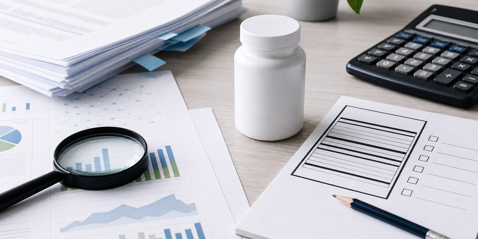Rótulo neutro, calculadora e pesquisa organizados para comparar evidências e doses de ZMA.