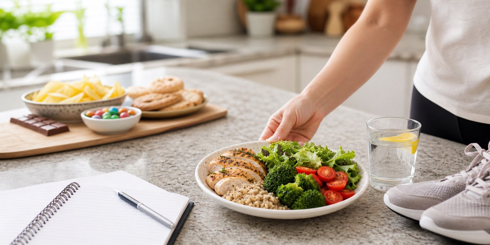 Pessoa escolhendo prato saudável com água enquanto alimentos ultraprocessados ficam ao fundo em cozinha clara.