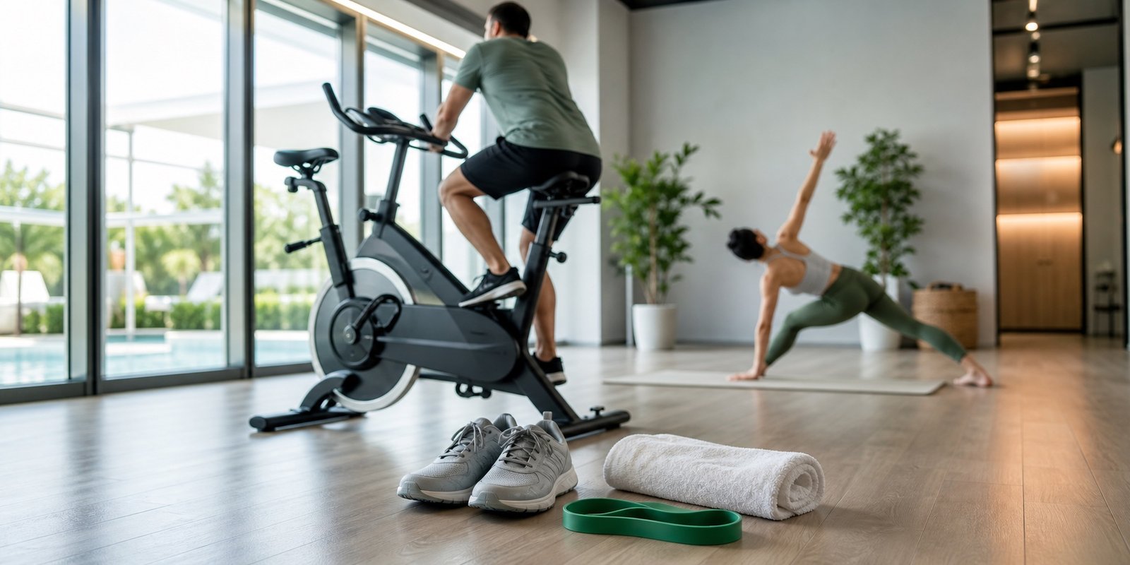 Bicicleta ergométrica, tênis, toalha e acessórios em estúdio para opções de cardio de baixo impacto
