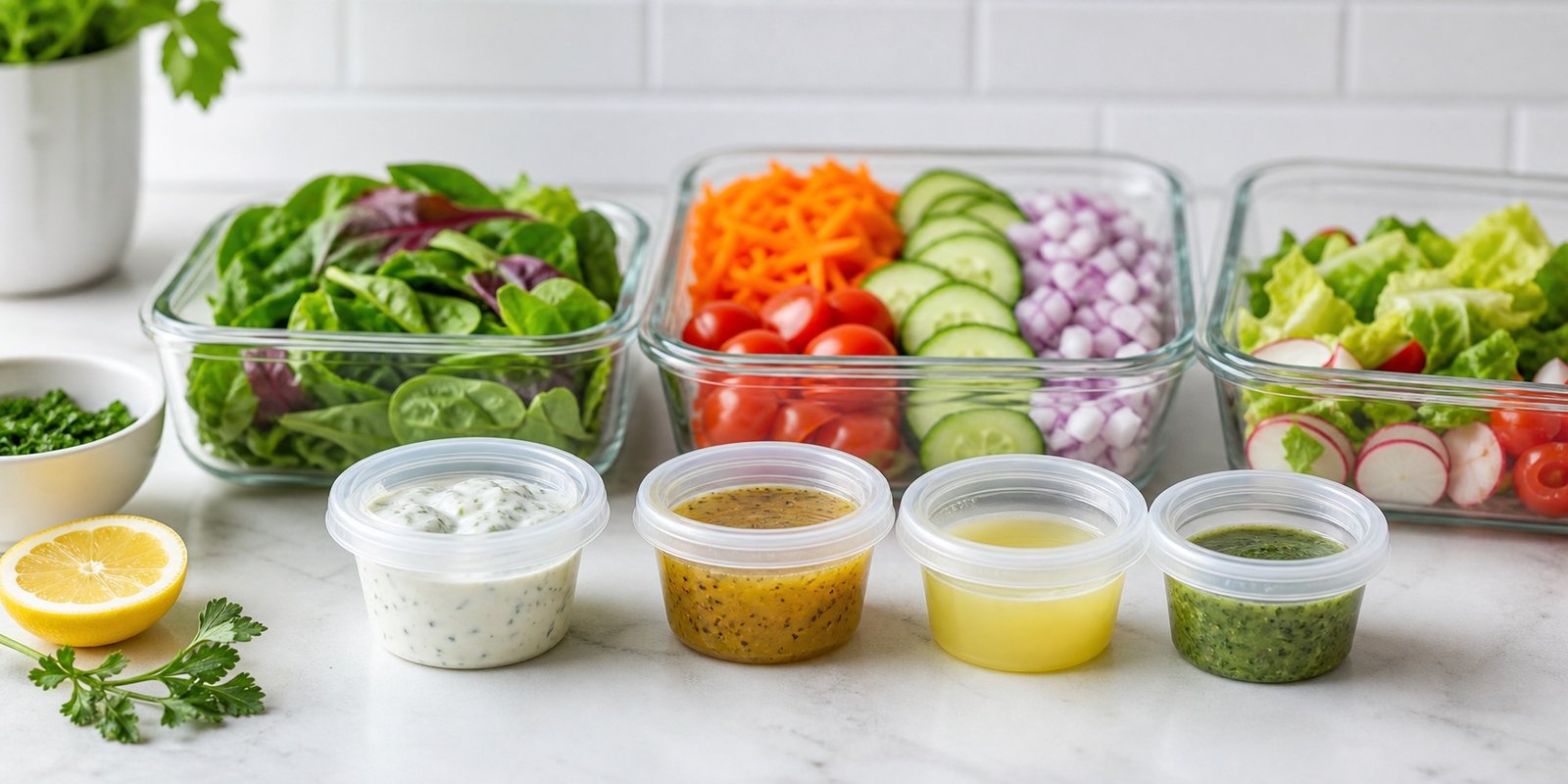 Molhos leves em potes pequenos ao lado de saladas secas, prontos para adicionar apenas na hora de comer.
