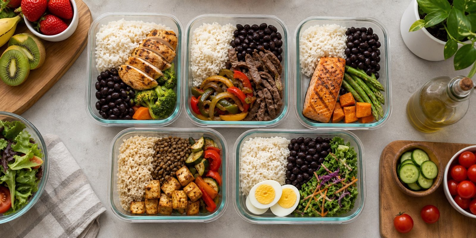 Potes montados com porções variadas de proteína, arroz, feijão, legumes, salada e frutas.