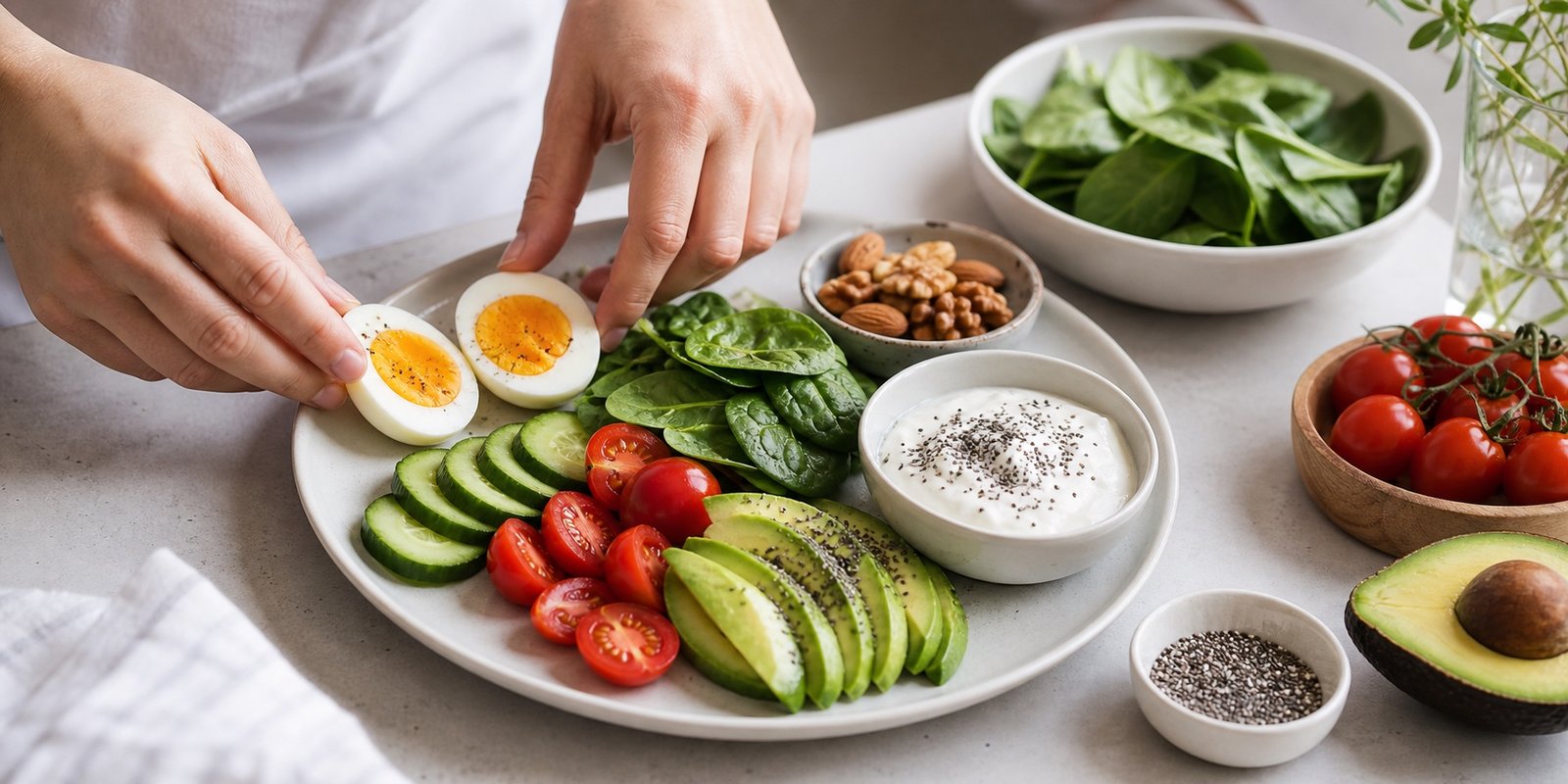 Pessoa montando prato de café low carb com ovos, pepino, tomate, espinafre, iogurte, chia, abacate e castanhas.