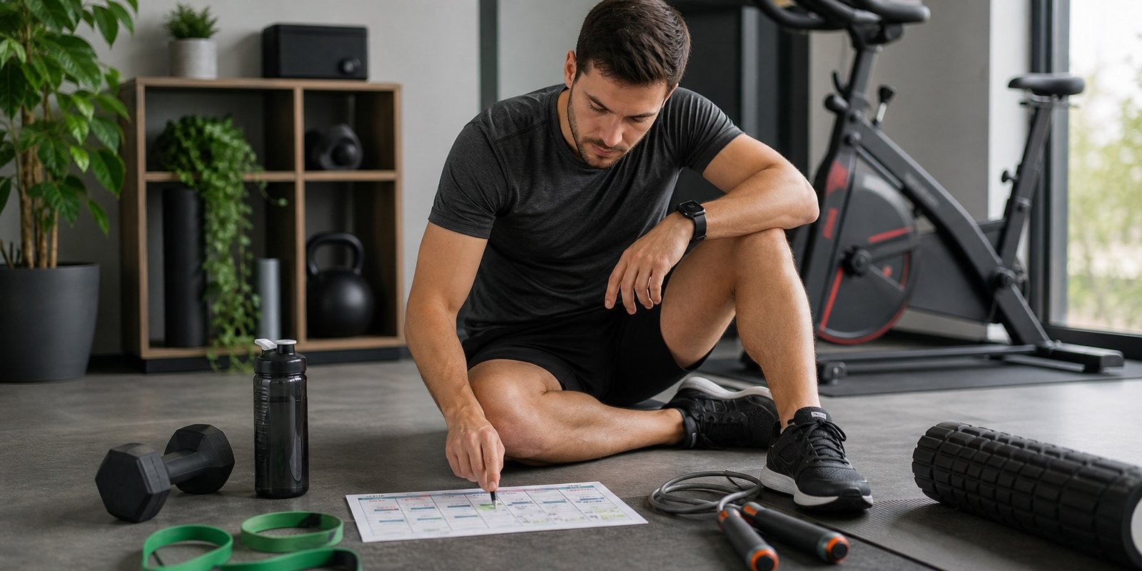 Equipamentos de treino em casa para variar força e cardio durante um platô de emagrecimento.