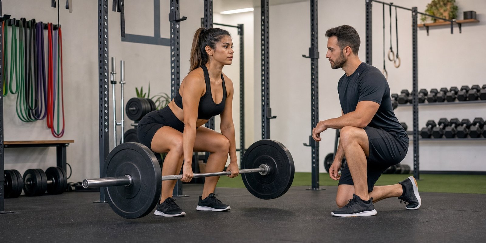 Treino de força com barra e orientação técnica para preservar massa magra durante o emagrecimento.