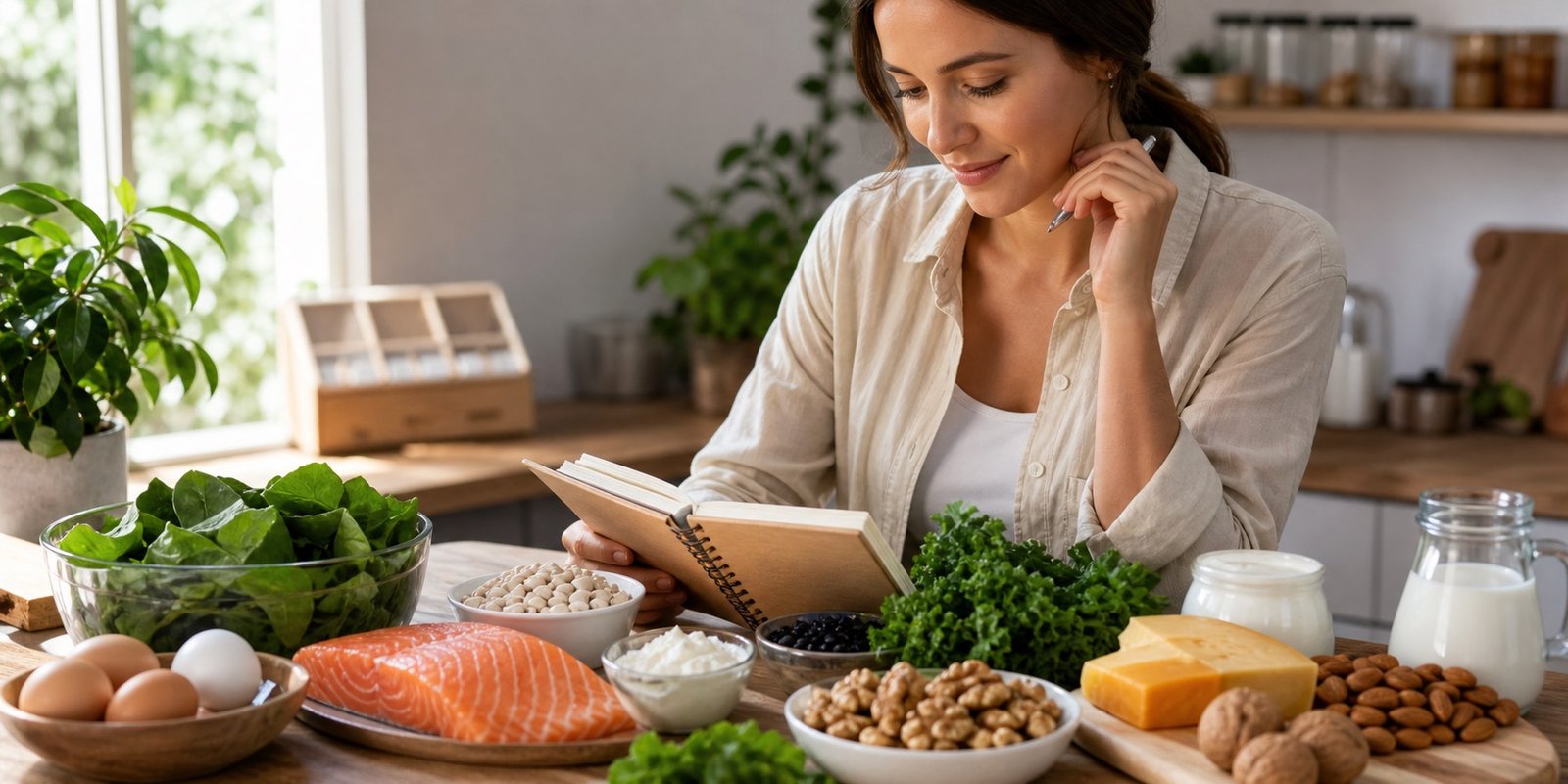 Mesa com alimentos fontes de ferro, vitamina D, cálcio e ômega-3 para apoiar a saúde feminina com orientação.