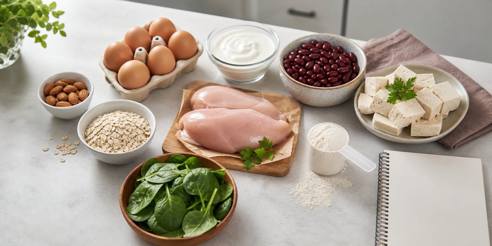 Alimentos proteicos e suplemento genérico representando o que é BCAA e aminoácidos de cadeia ramificada.