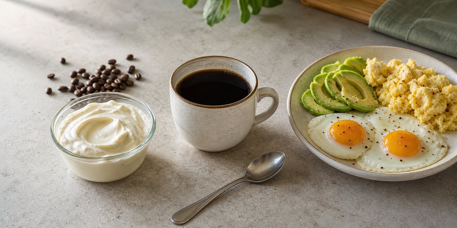 Café com nata na dieta cetogênica servido com ovos, abacate e nata medida.