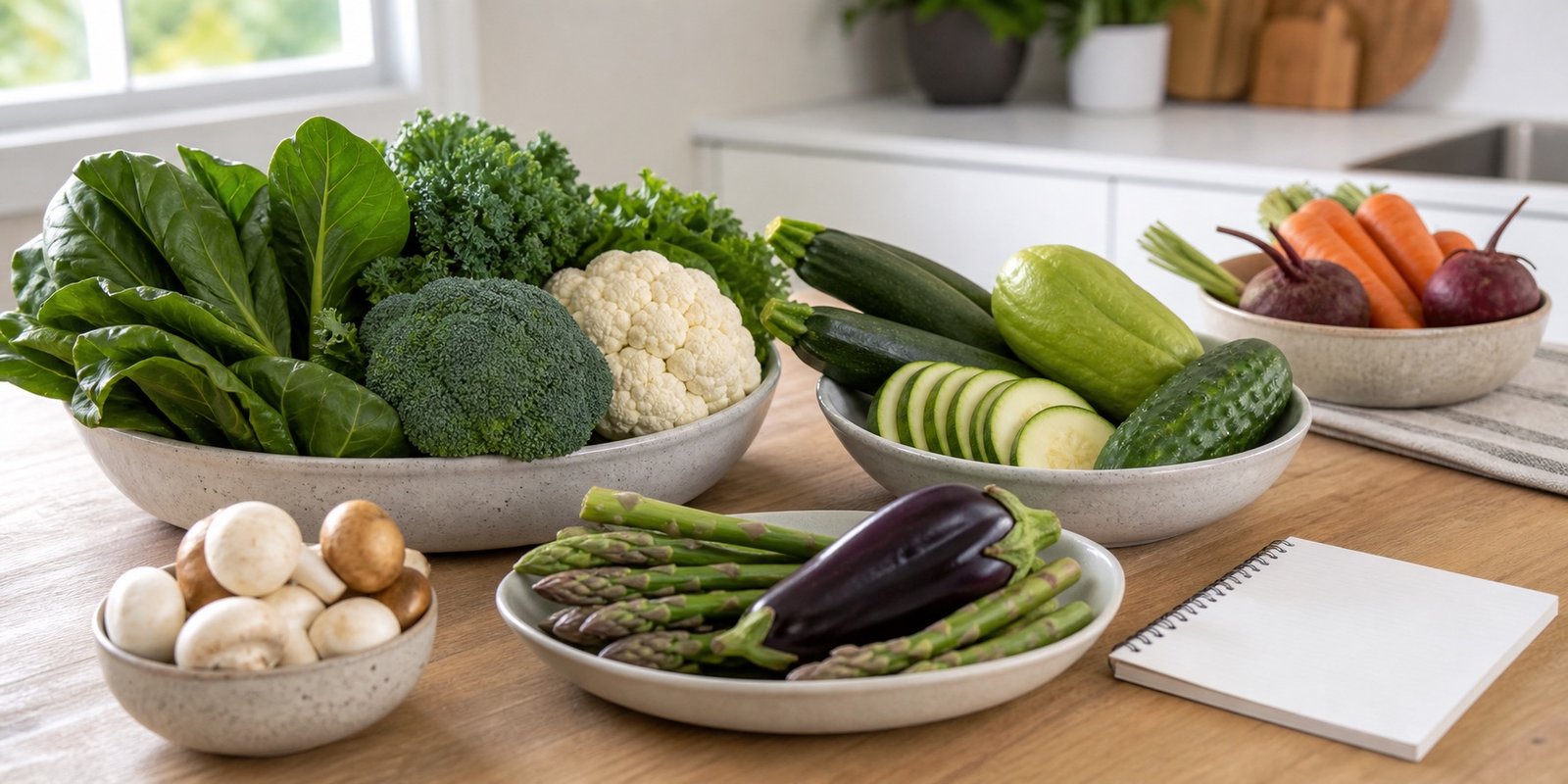 Legumes com baixo carboidrato em uma bancada, separados por folhas, crucíferos e vegetais mais ricos em amido.