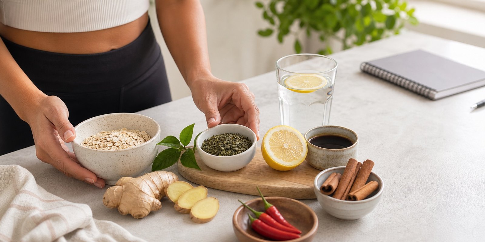 Termogênicos naturais organizados com café, chá e temperos para avaliar dose e sono.