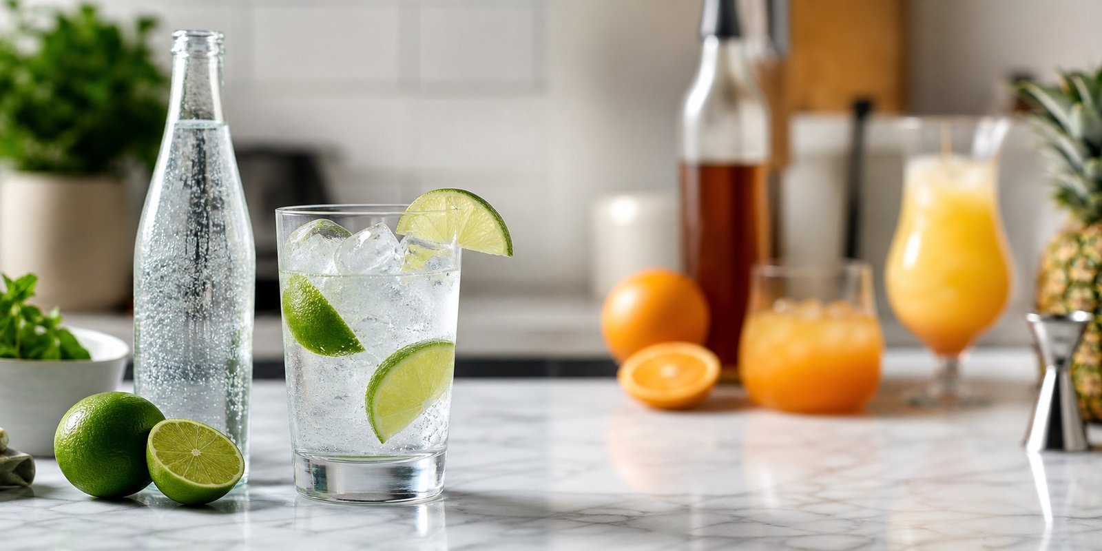 Bebidas alcoólicas low carb comparadas por dose, mistura, carboidrato e risco em um drink com água com gás e limão.