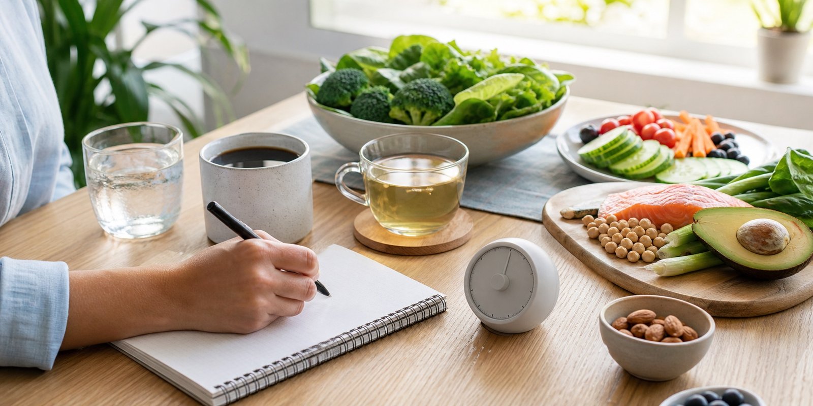Planejamento de jejum com água, café e caderno em branco para lidar com ondas de fome.